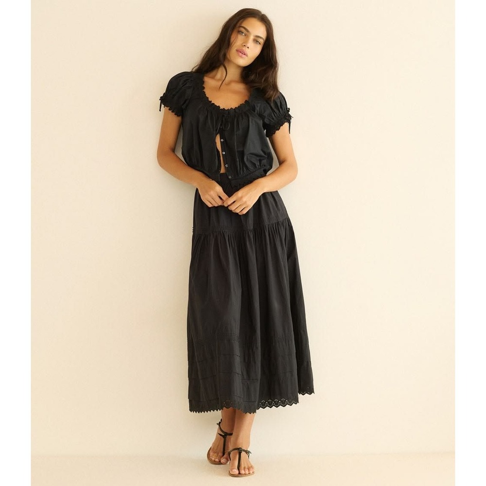 DOEN Sebastiane Skirt M Maxi Black Pintuck Eyelet Organic Cotton Prairie NWOT